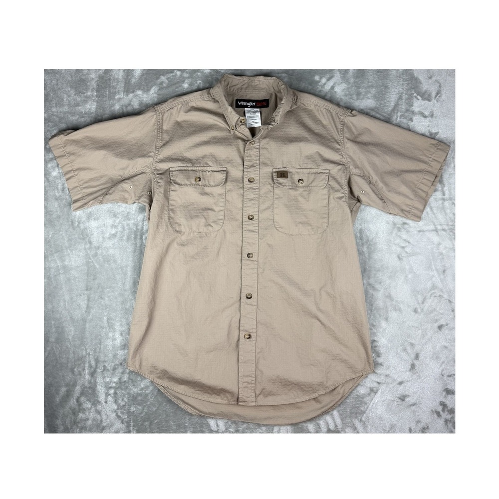 Wrangler Riggs Workwear Short Sleeve Button Shirt Khaki Tan Mens Large